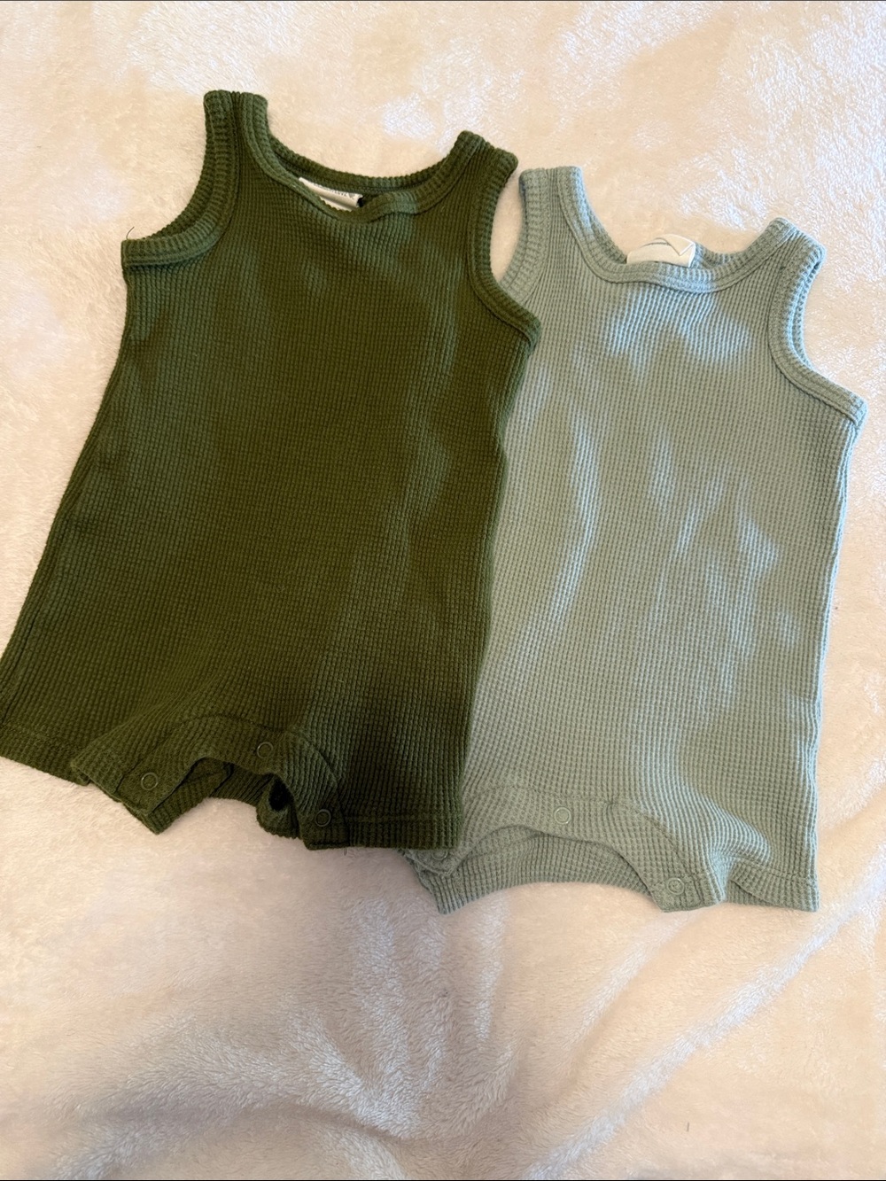 Kids Waffle Tank Romper - Olive Green & Light Sage